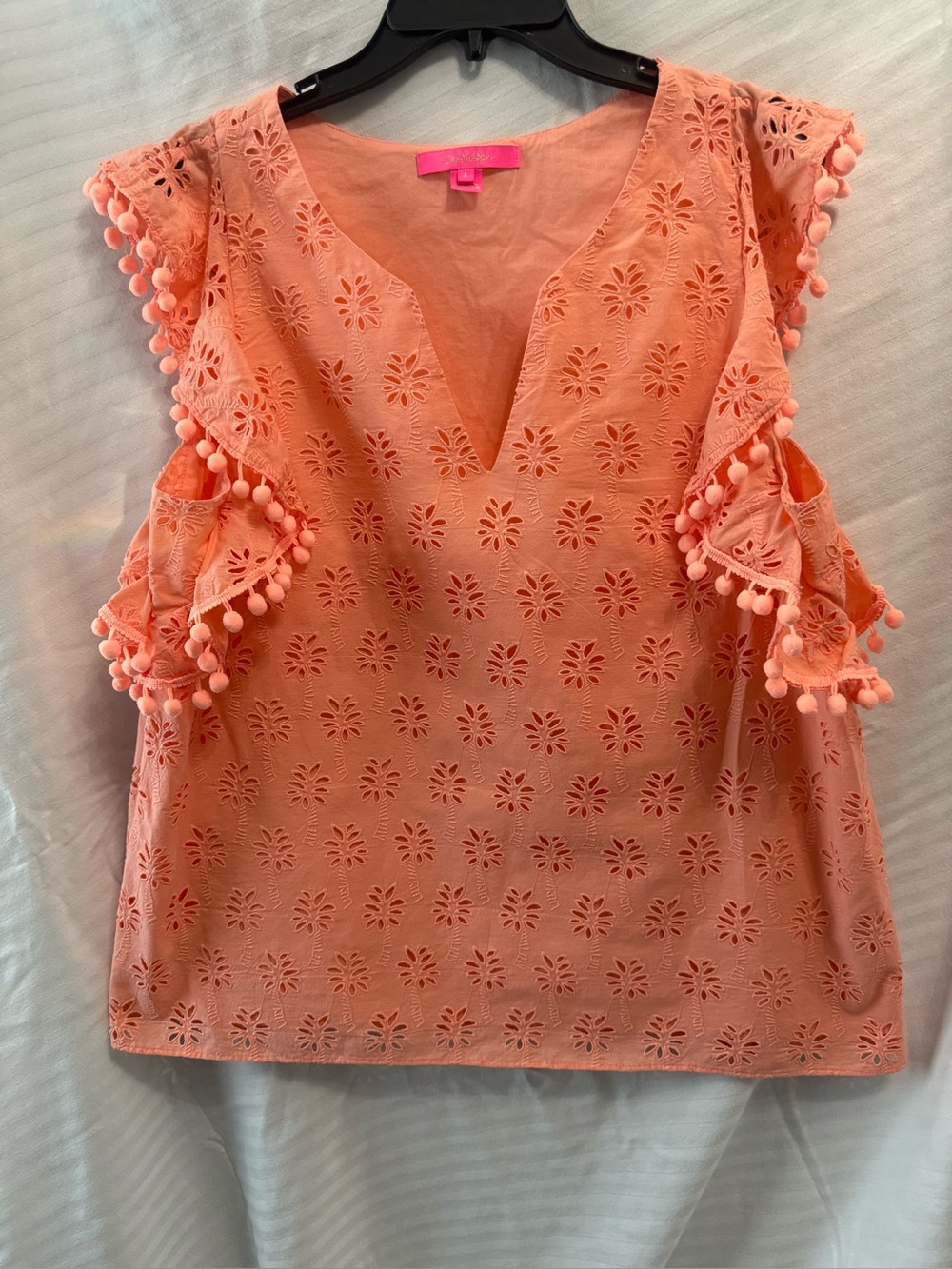 Lilly Pulitzer Coral Eyelet Pom-Pom Sleeve Top
